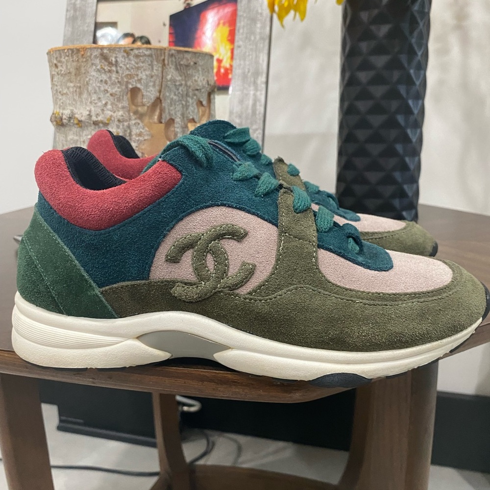 CHANEL Olive and Burgundy Suede Sneakers